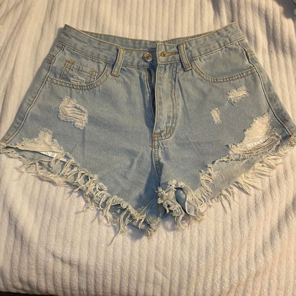 Y2K Style Ripped Fringed Hem Raw Trim Jean Shorts